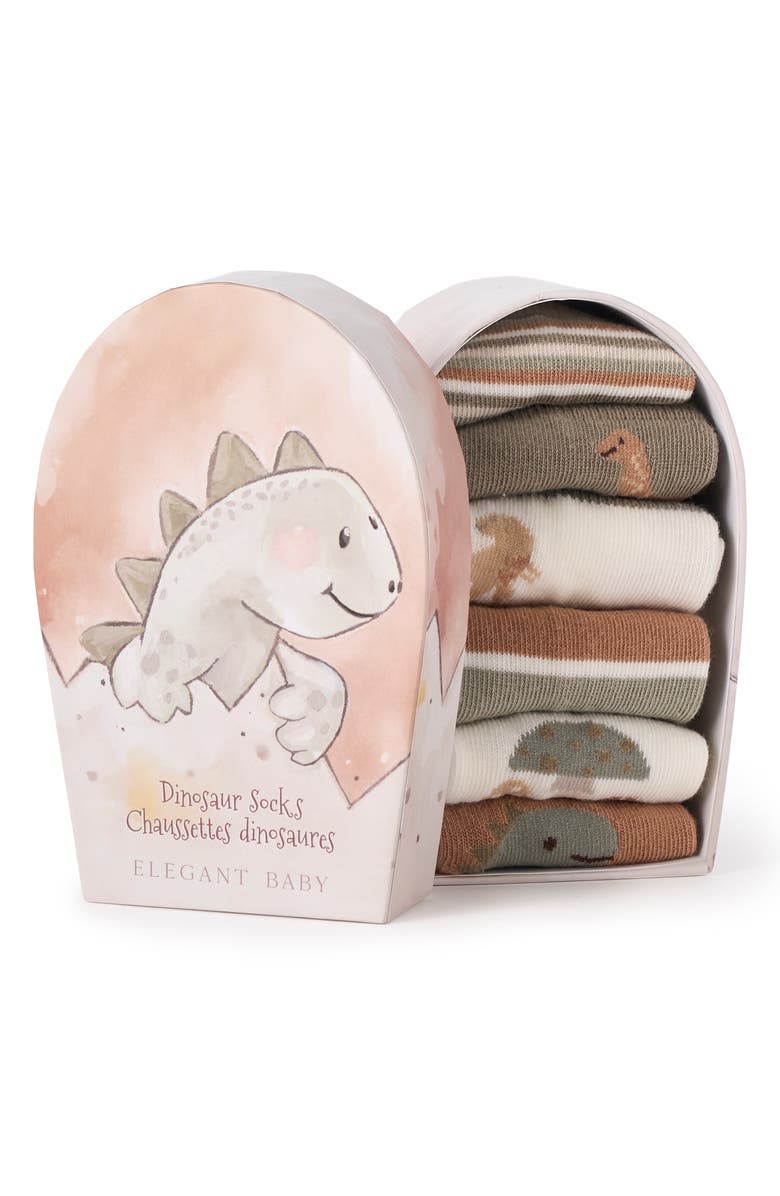 Elegant Baby Assorted 6-Pack Dino Socks Gift Box, Alternate, color, Brown Multi