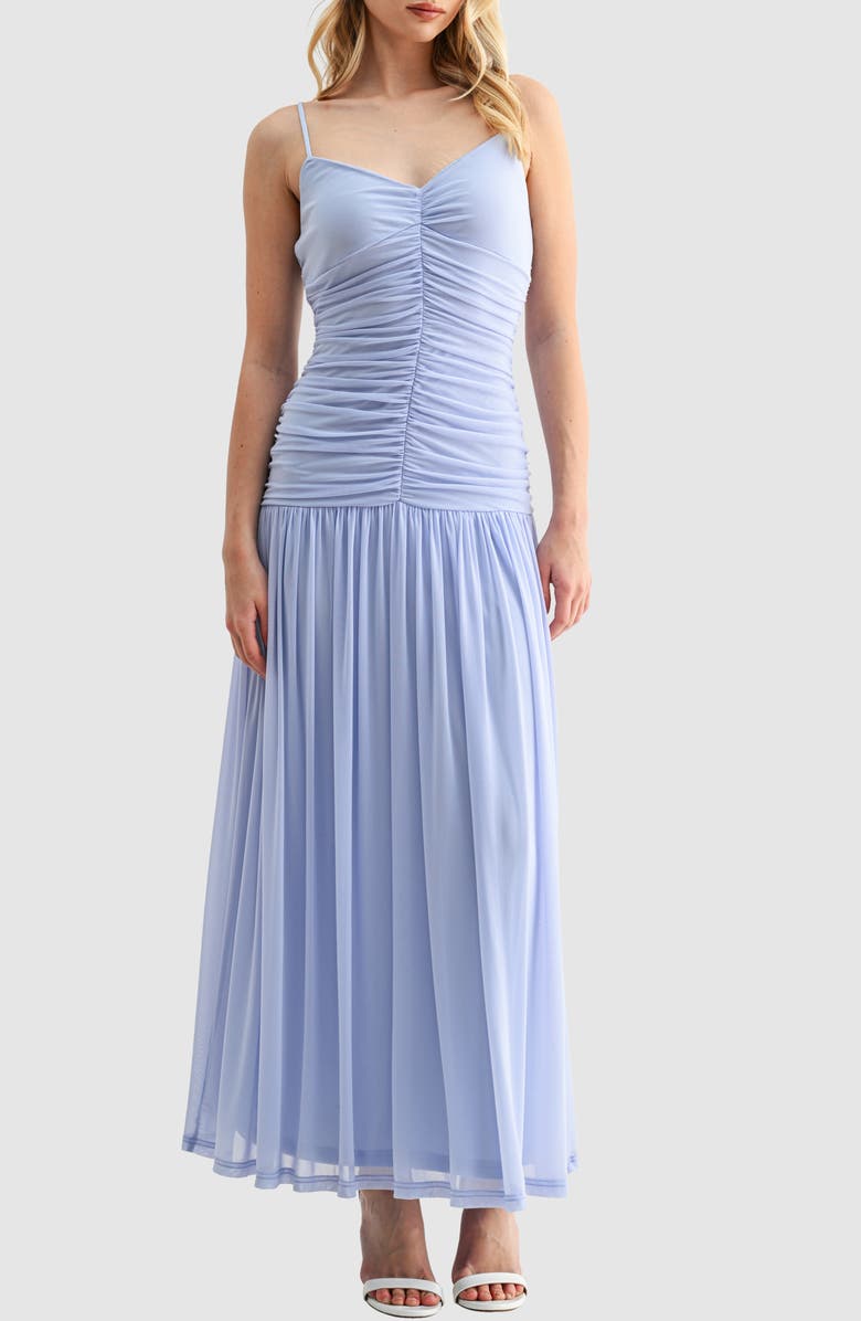 All in Favor Ruched Drop Waist Chiffon Midi Dress, Main, color, Periwinkle