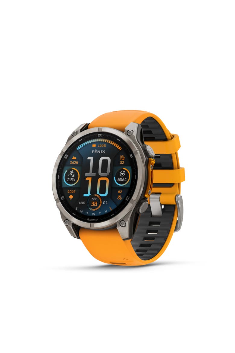 fenix 8 47mm, AMOLED, Ultimate Outdoor GPS Smartwatch, Saphire, Main, color, Spark orange/graphite band