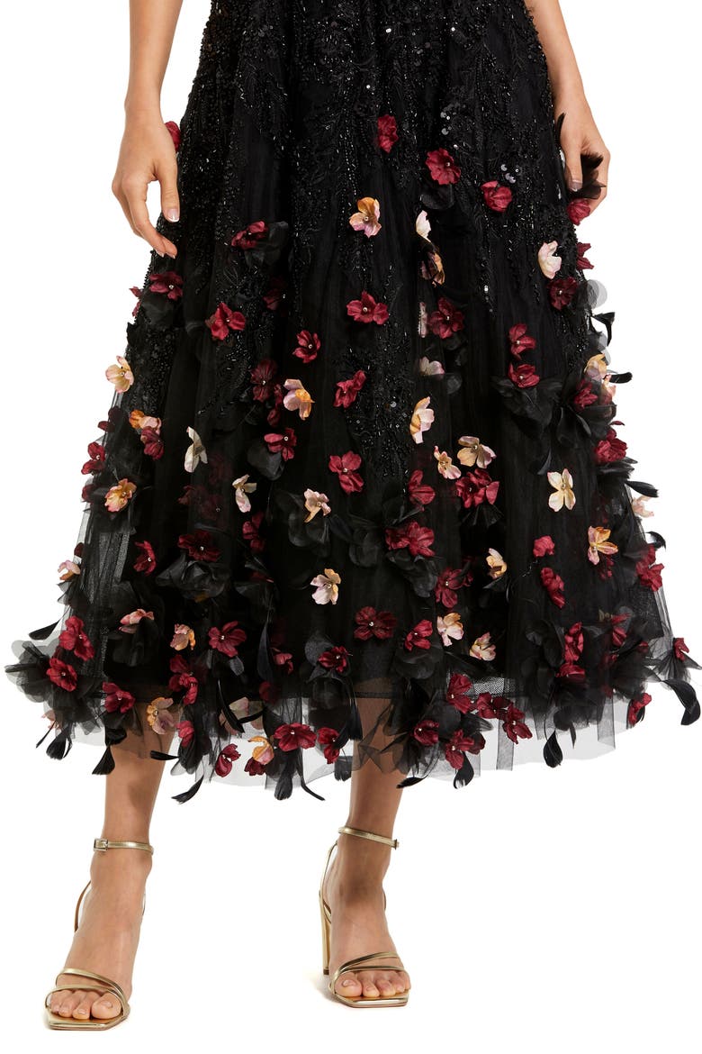 Petite Sleeveless Beaded Midi Dress With 3D Flowers, Alternate, color, Black Multi