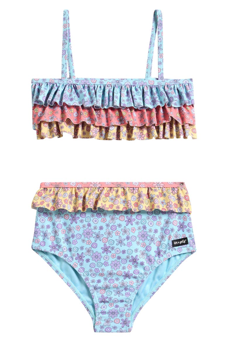 Kids' Cha Cha Floral Ruffle Two-Piece Swimsuit, Main, color, LIGHT BLUE
