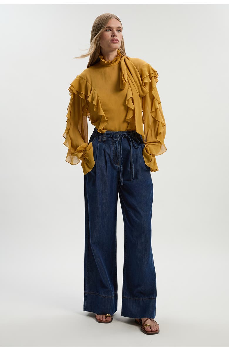 Karen Millen Georgette Ruffle Woven Pussybow Blouse, Alternate, color, Ochre