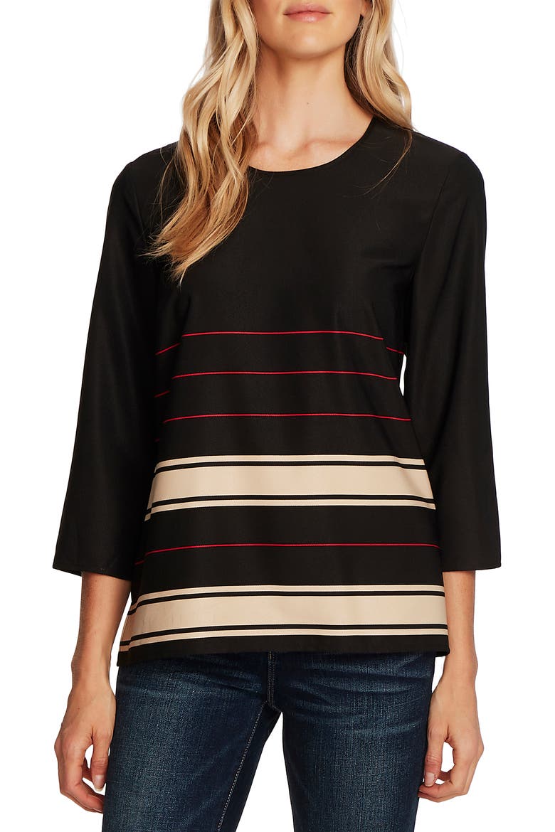 Linear Plains Border Stripe Twill Blouse, Main, color, RICH BLACK