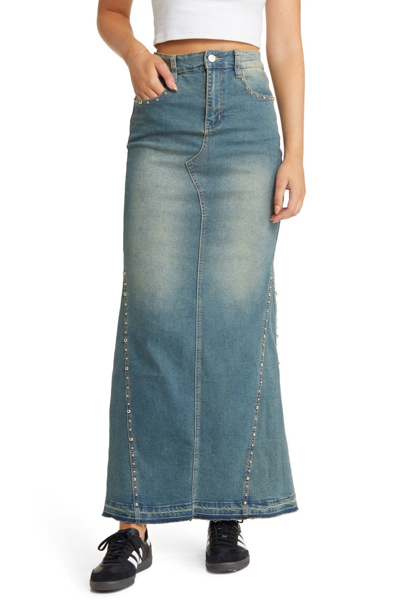 PTCL Studded Denim Mermaid Maxi Skirt, Main, color, 
