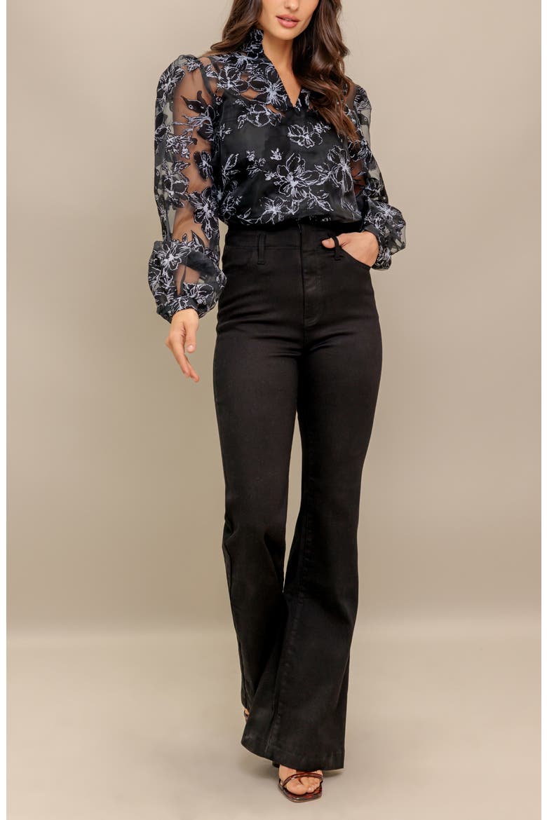 Print Organza Button-Up Shirt, Alternate, color, BLACK