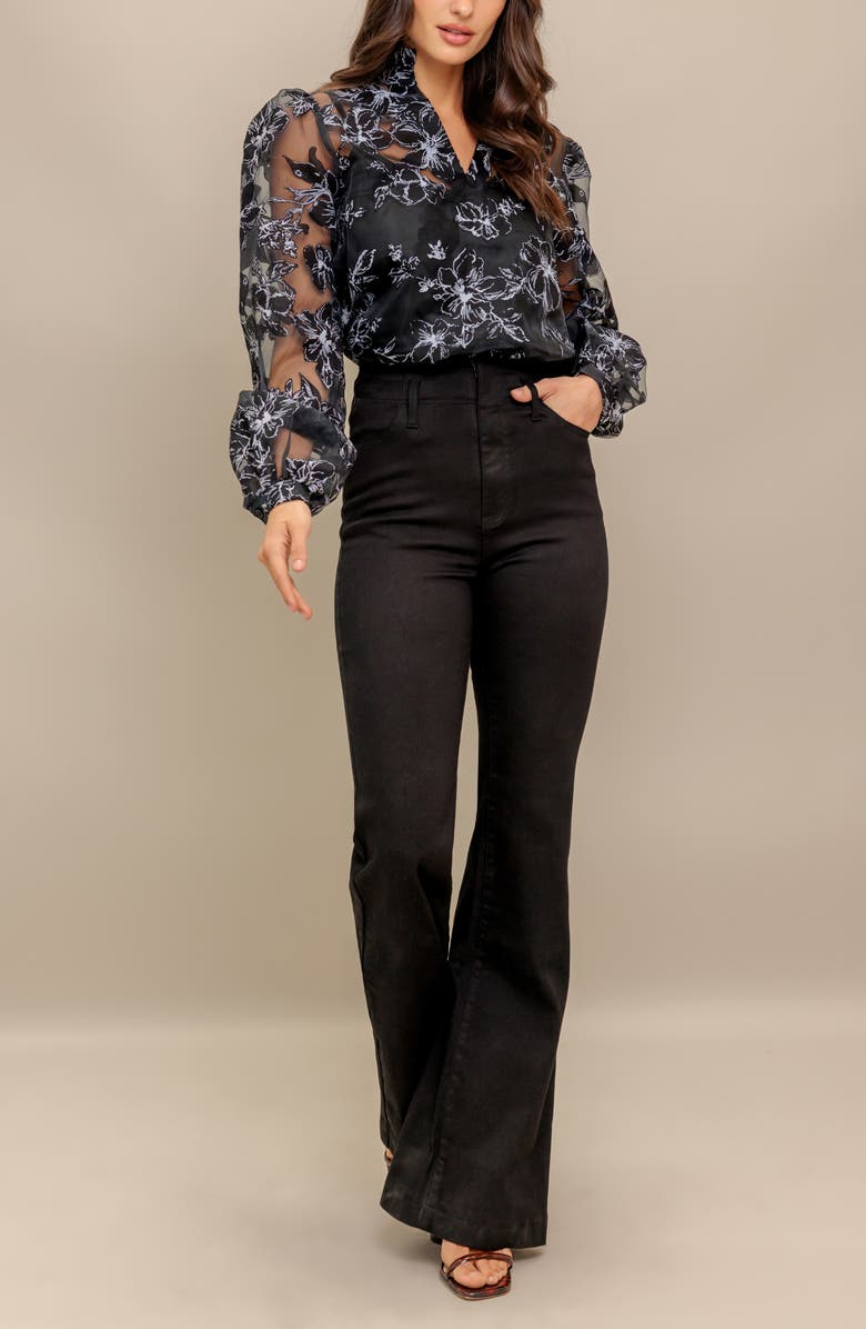 FLYING TOMATO Print Organza Button-Up Shirt, Alternate, color, Black