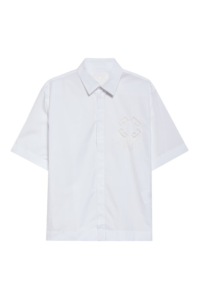 Dripping Cutout Logo Short Sleeve Cotton Button-Up Shirt, Alternate, color, WHITE