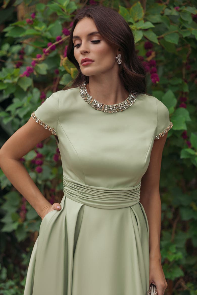Petite Embellished Satin Cap Sleeve Ball Gown, Alternate, color, Sage