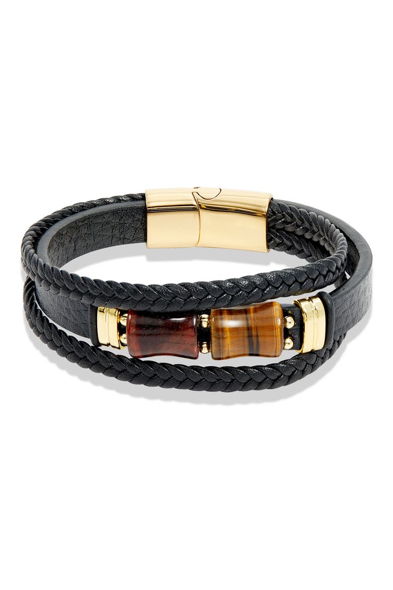 Men's Braided Leather Tiger's Eye Bracelet, Main, color, BLACK