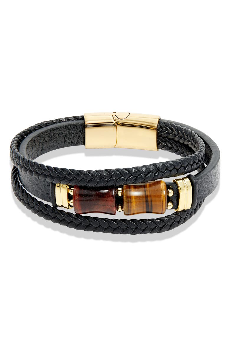 SAVVY CIE JEWELS Men's Braided Leather Tiger's Eye Bracelet, Main, color, Black