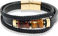 SAVVY CIE JEWELS Men's Braided Leather Tiger's Eye Bracelet