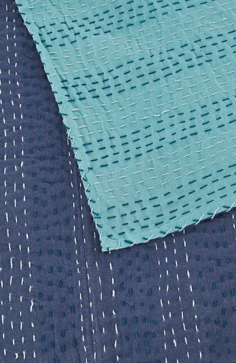 MELANGE HOME Kantha Reversible Cotton Throw Blanket, Alternate, color, Navy And Teal