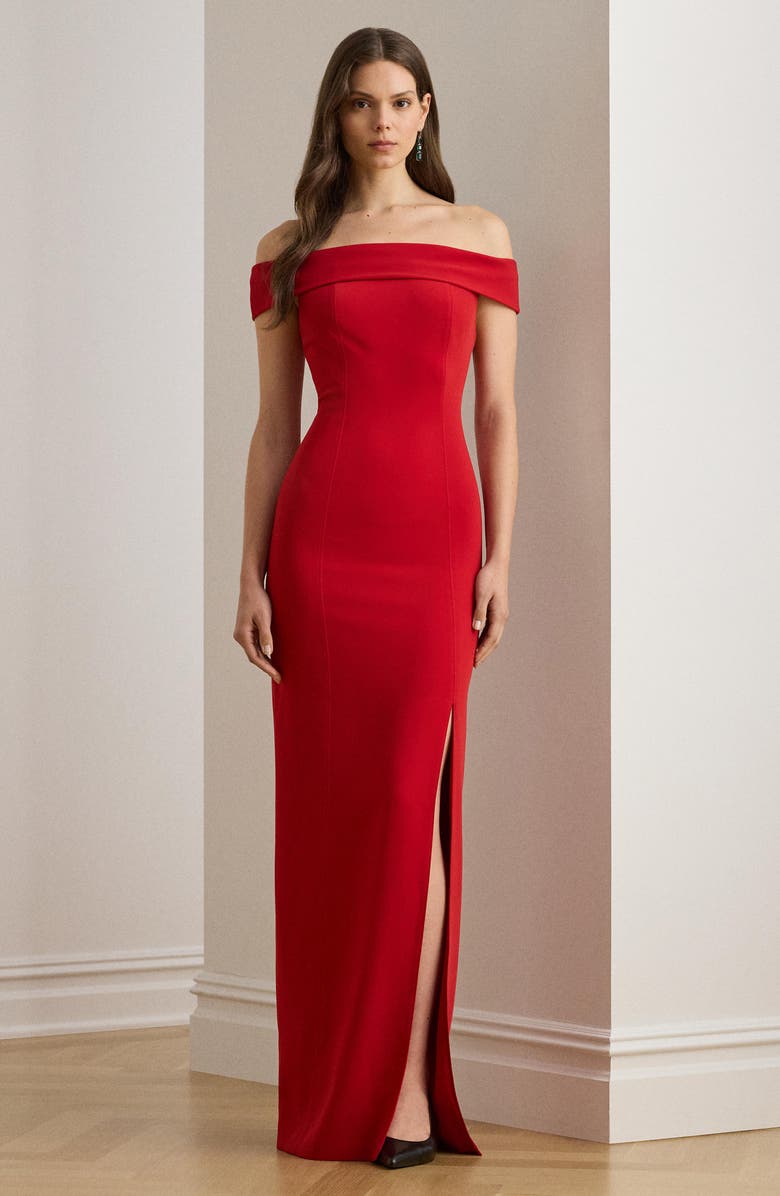 Lauren Ralph Lauren Crepe Off the Shoulder Column Gown, Alternate, color, Ralph Red