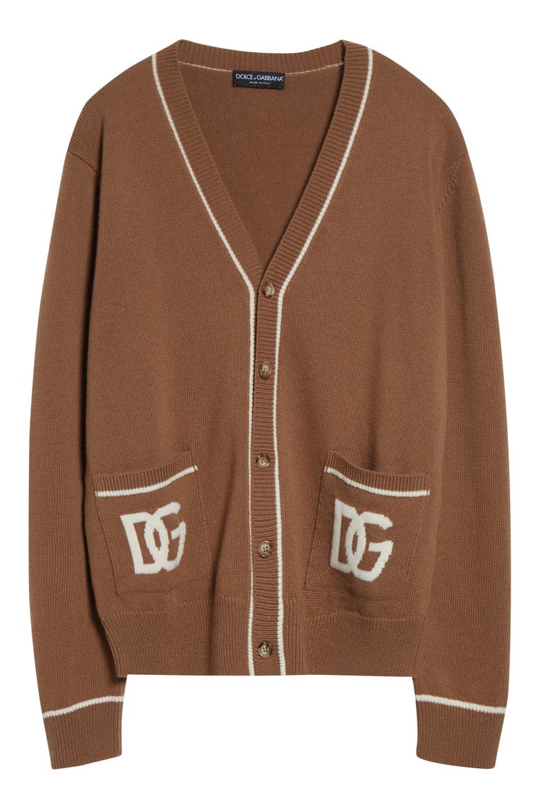 Intarsia Logo Virgin Wool Cardigan, Alternate, color, M0180 NOCE SCURO