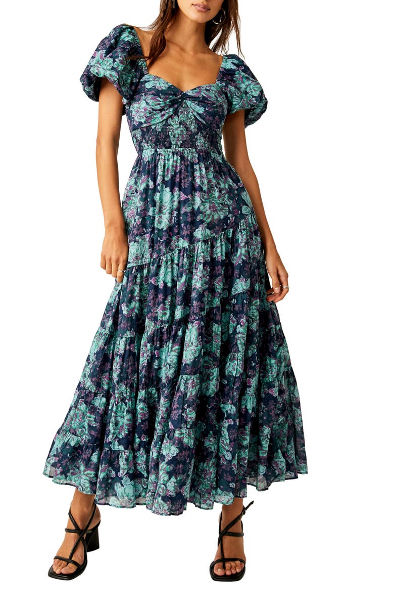 Free People Sundrenched Floral Tiered Maxi Sundress, Main, color, Emerald Combo