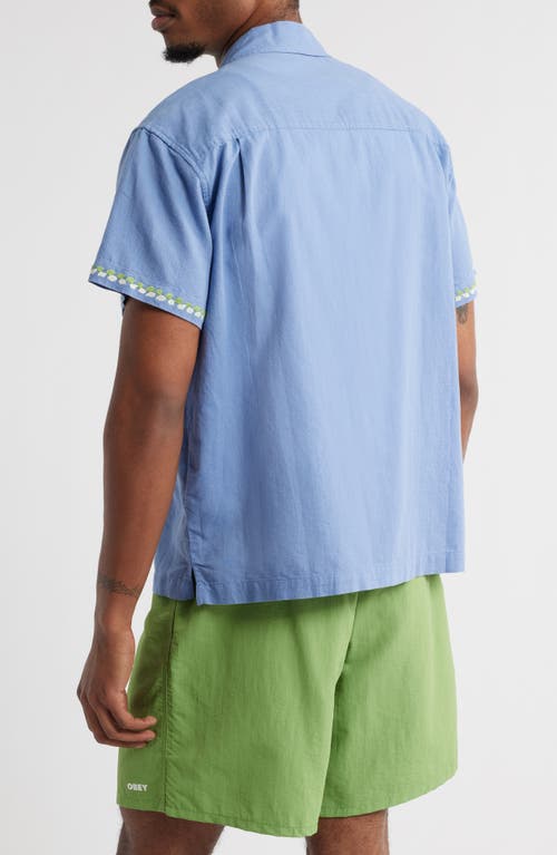 Obey Quentin Embroidered Short Sleeve Cotton & Linen Button-up Shirt In Blue