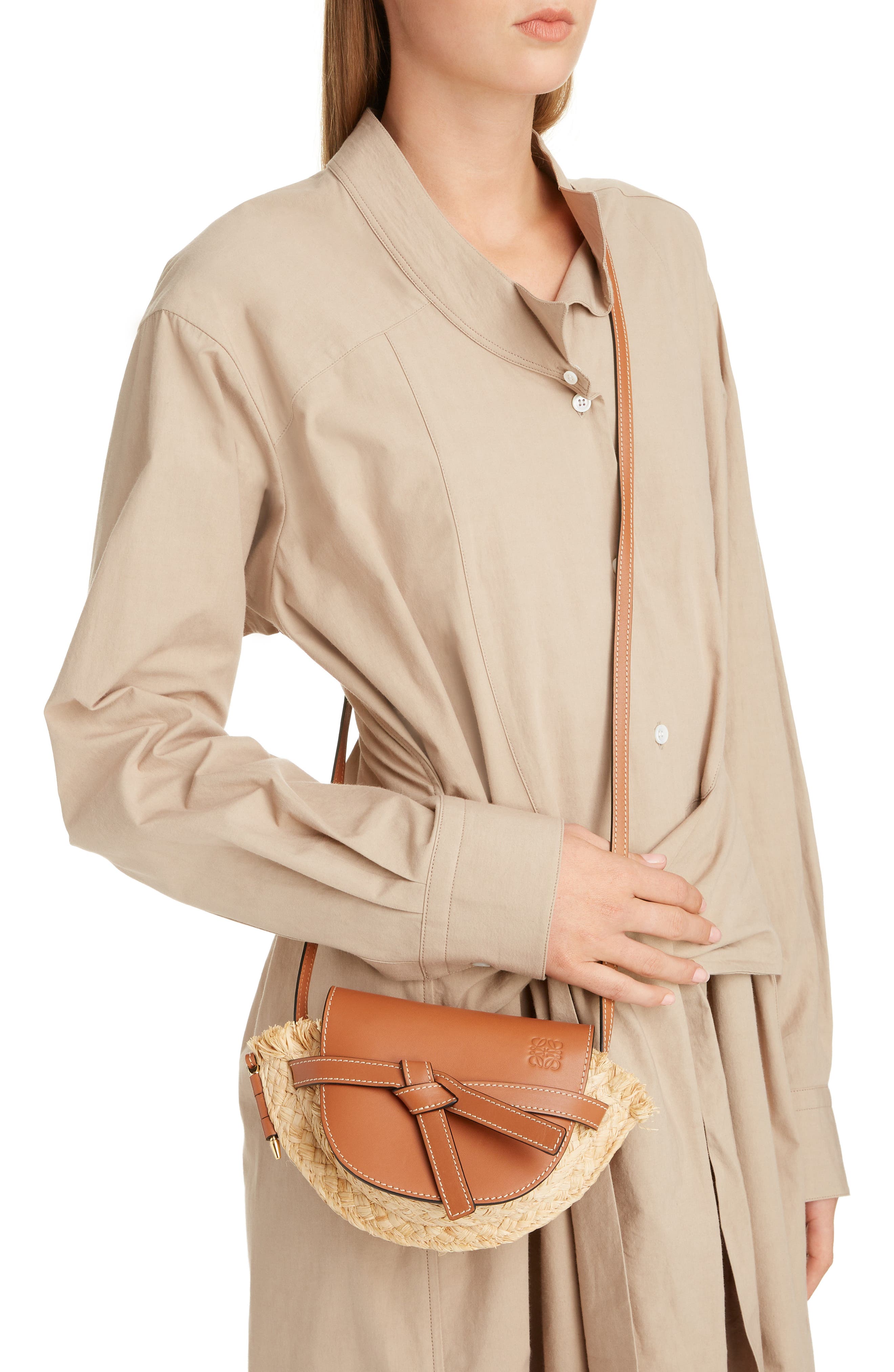 Loewe Gate Mini Leather & Raffia Crossbody Bag, Alternate, color, 