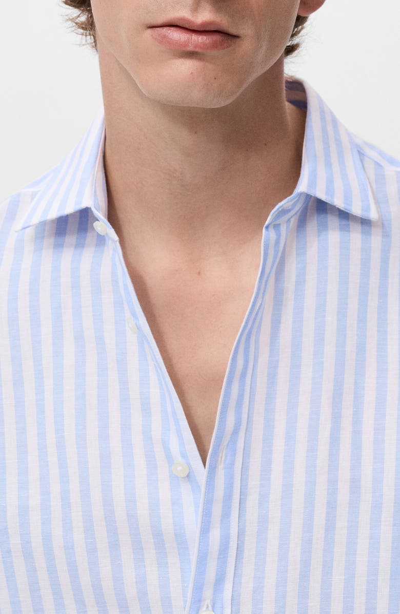 MANGO Regular Fit Stripe Slub Linen & Cotton Button-Up Shirt, Alternate, color, Blue