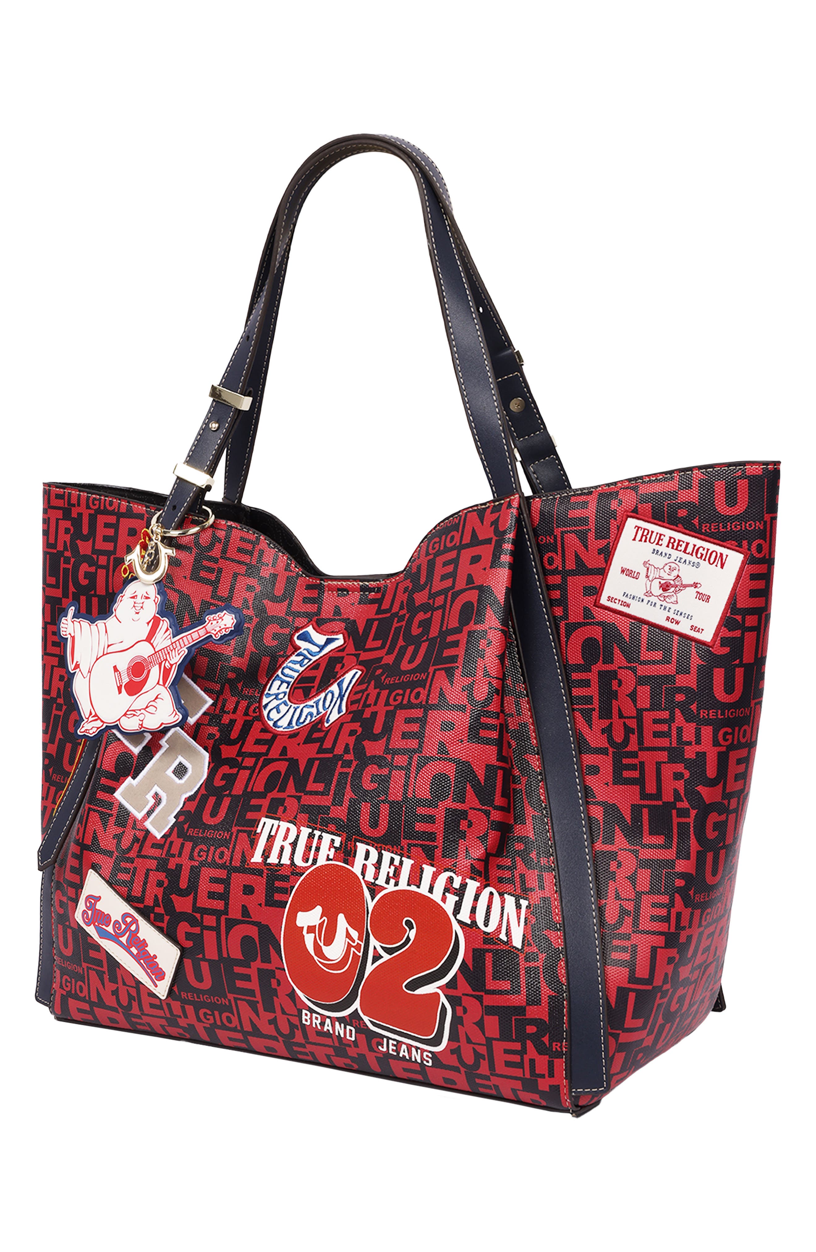 Multi Patch Faux Leather Graphic Tote, Alternate, color, RED