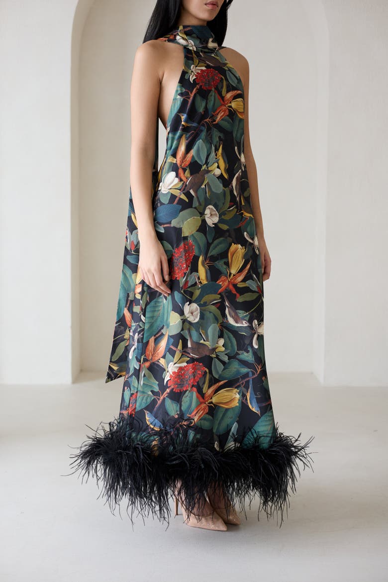 Maliya Feather Dress in Nocturne Botanica, Alternate, color, Nocturne Botanica