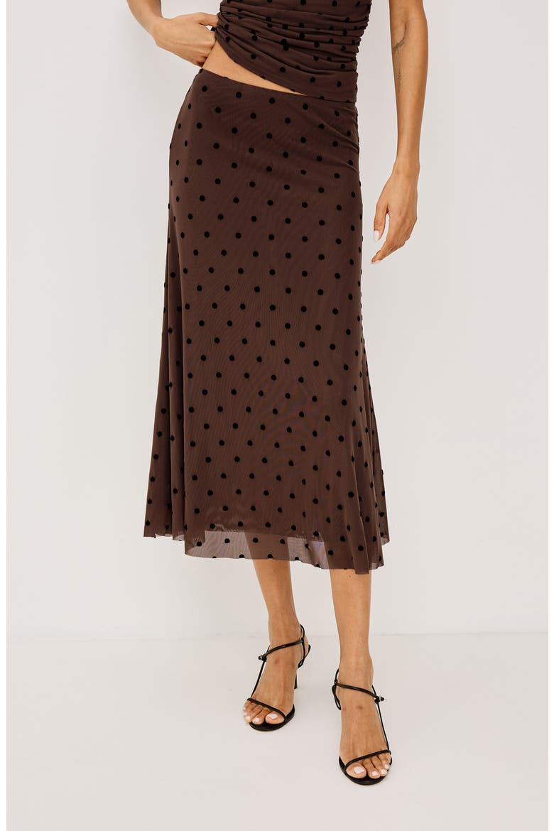 Jordan Mesh Midi Skirt, Alternate, color, CHOCOLATE POLKA DOT