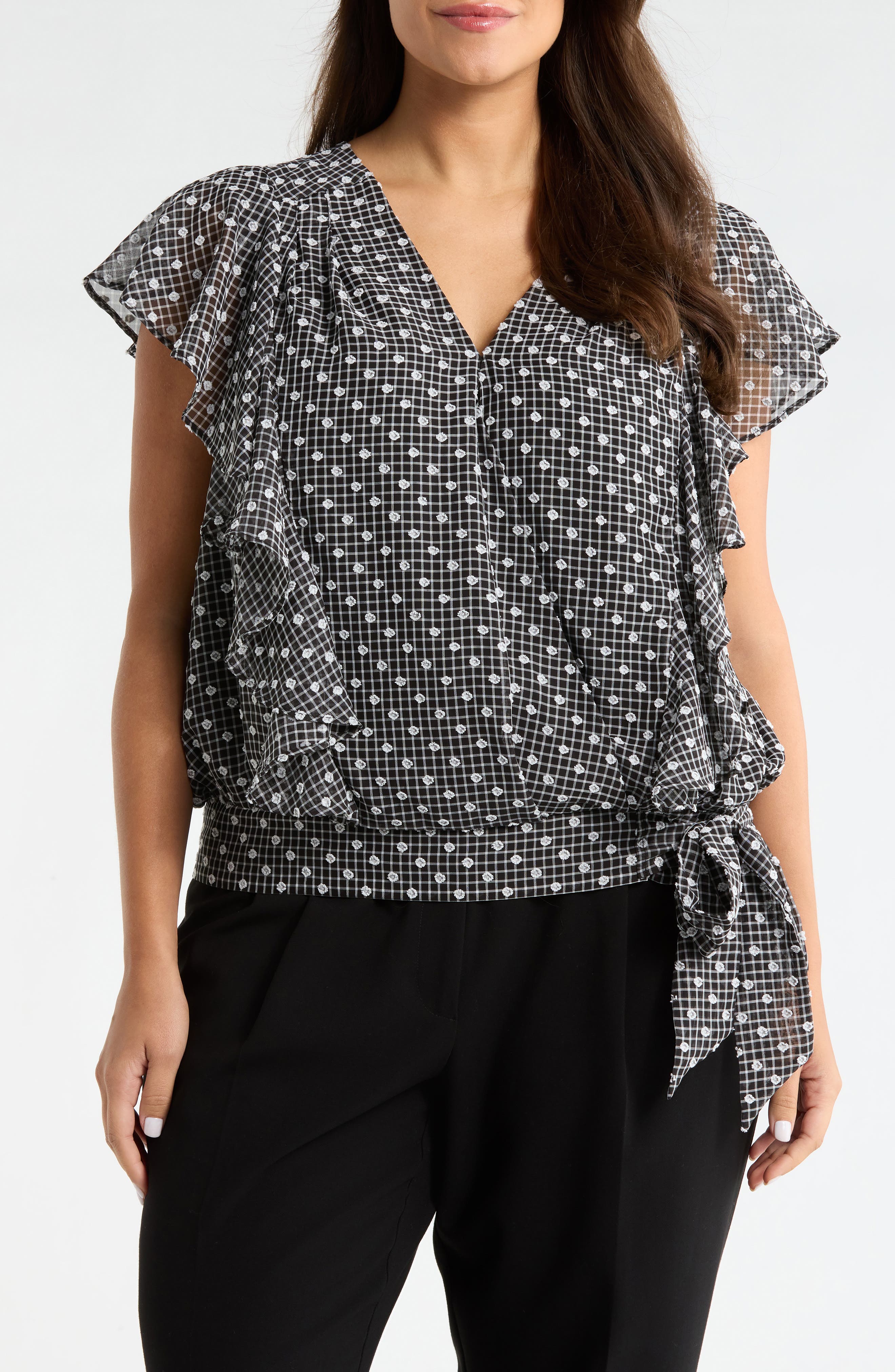 Plaid Swiss Dot Flutter Sleeve Ruffle Top