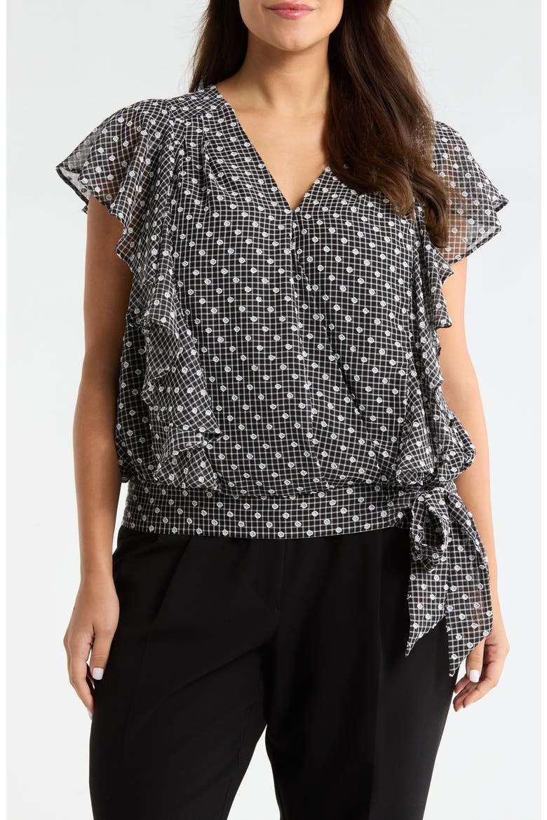 Plaid Swiss Dot Flutter Sleeve Ruffle Top, Main, color, BLACK/ WHITE PLAID
