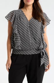 Liverpool Plaid Swiss Dot Flutter Sleeve Ruffle Top