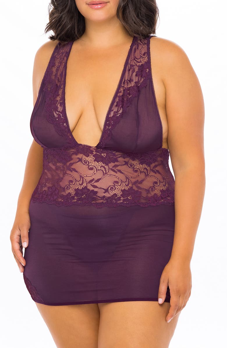 Oh La La Cheri Plunge Neck Lace & Mesh Babydoll Chemise & G-String Thong, Main, color, 