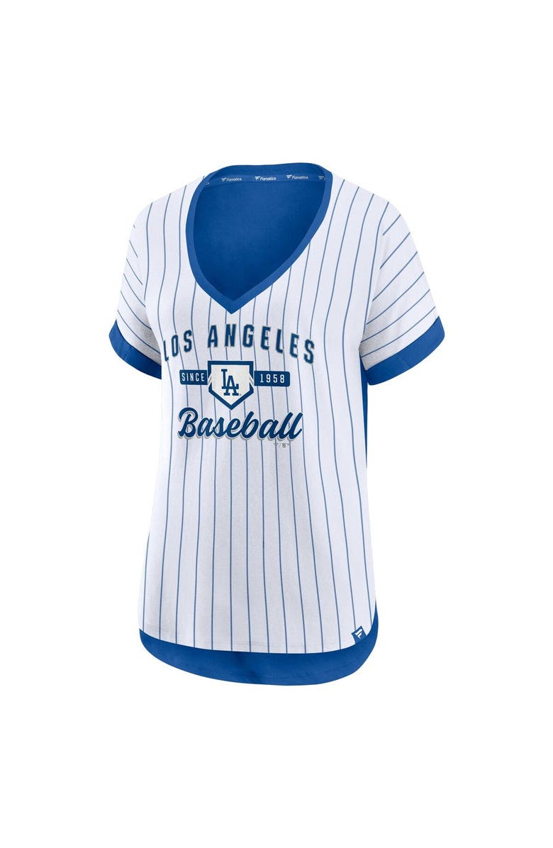 FANATICS Women's Fanatics Branded White/Royal Los Angeles Dodgers Iconic Noise Factor Pinstripe V-Neck T-Shirt, Alternate, color,