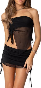 EDIKTED Joy Asymmetric Sheer Mesh Tube Top