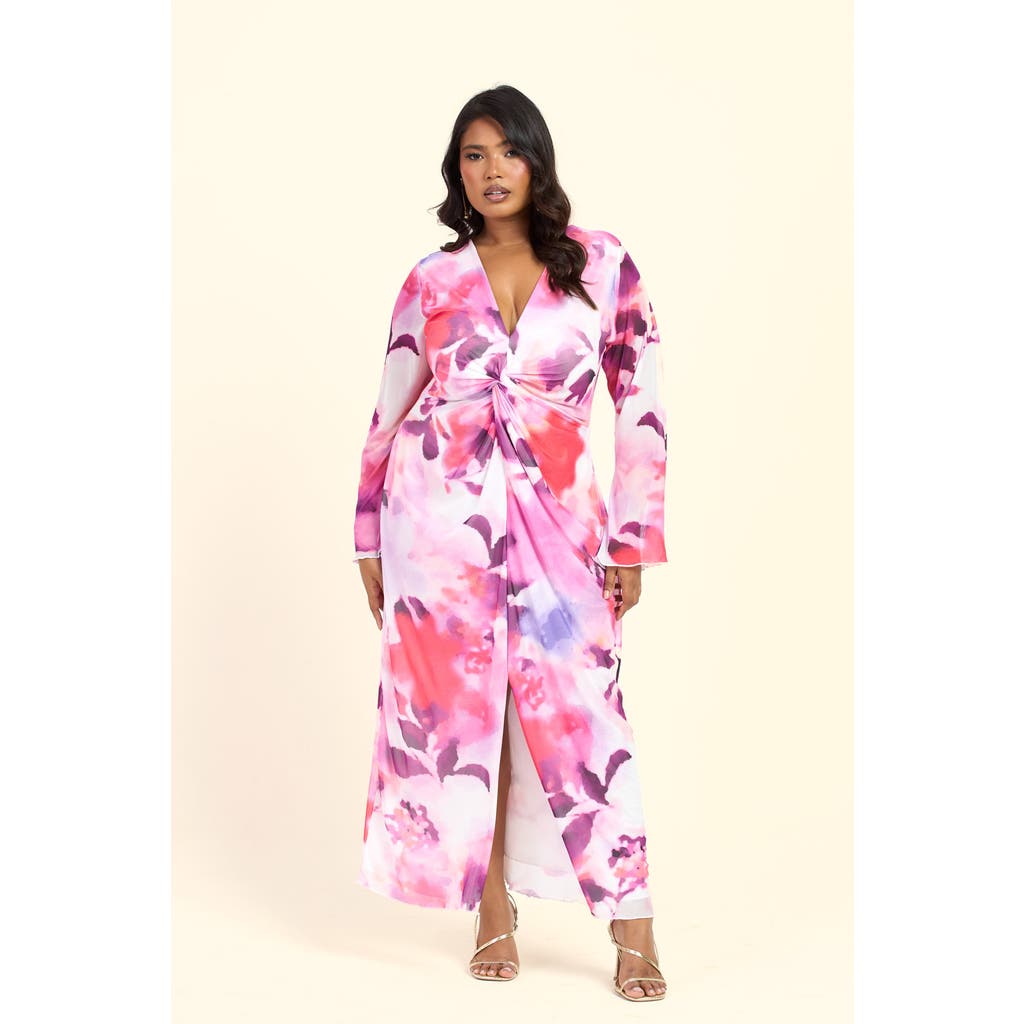 Fashion-szn Curve Plus Size Floral Twist Front Midi Dress In Pink