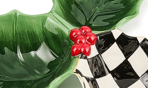 Mackenzie-childs Mackenzie Childs Courtly Check Holly Leaf Hand Painted Ceramic Candy Dish In Green