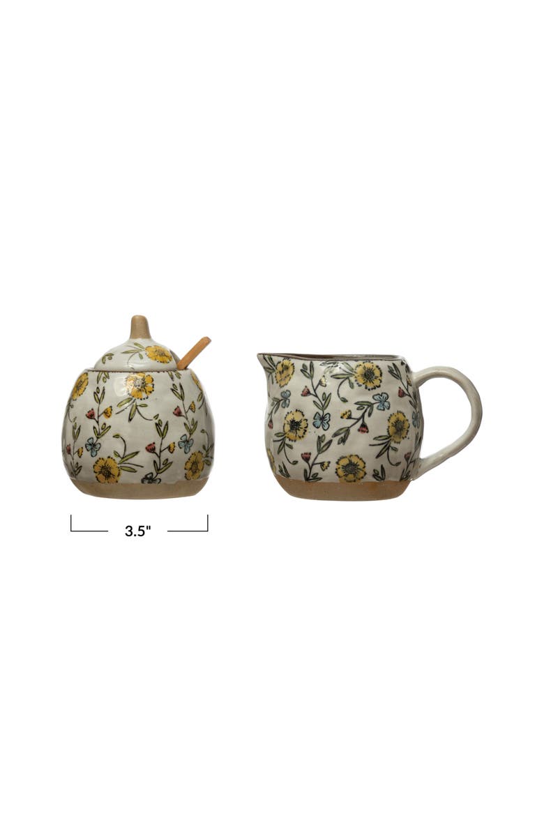 Hand-Painted Stoneware Sugar Pot and Stoneware Creamer with Lid and wood Spoon, Multicolor, Alternate, color, Blue