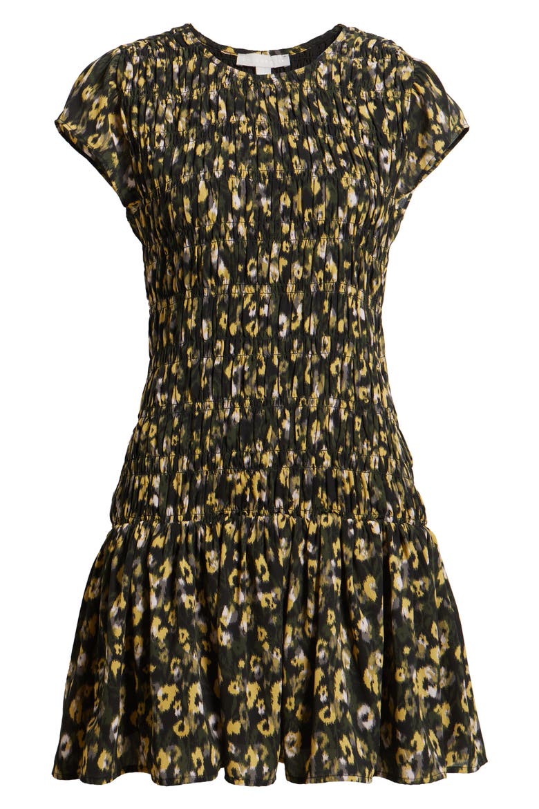 Smocked Minidress, Alternate, color, OLIVE ANIMAL FLEUR