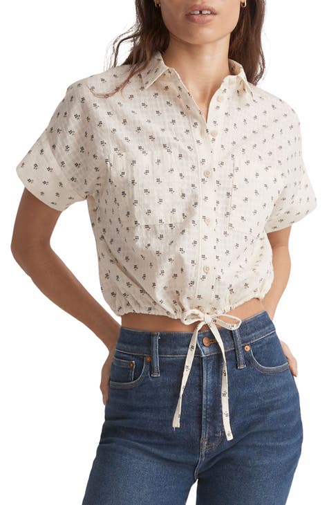 Drawstring Cotton Crop Button-Up Shirt