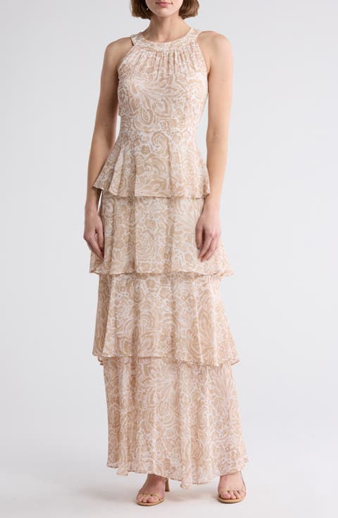Floral Halter Neck Tiered Chiffon Maxi Dress