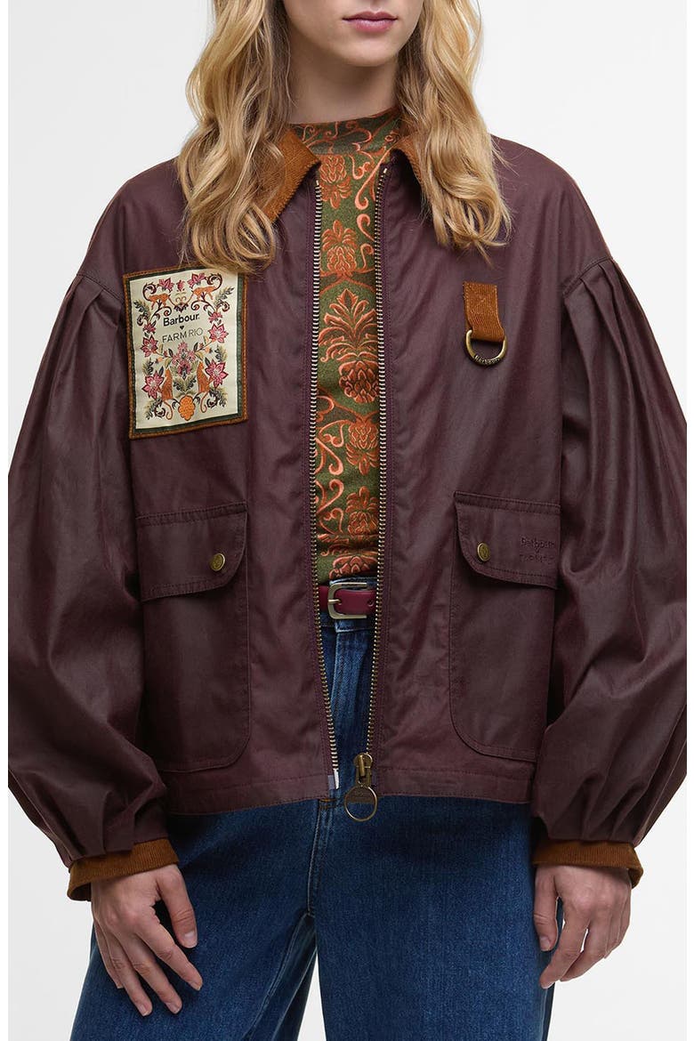 x FARM Rio Thais Waxed Cotton Jacket, Main, color, BORDEAUX/CREAM HEART