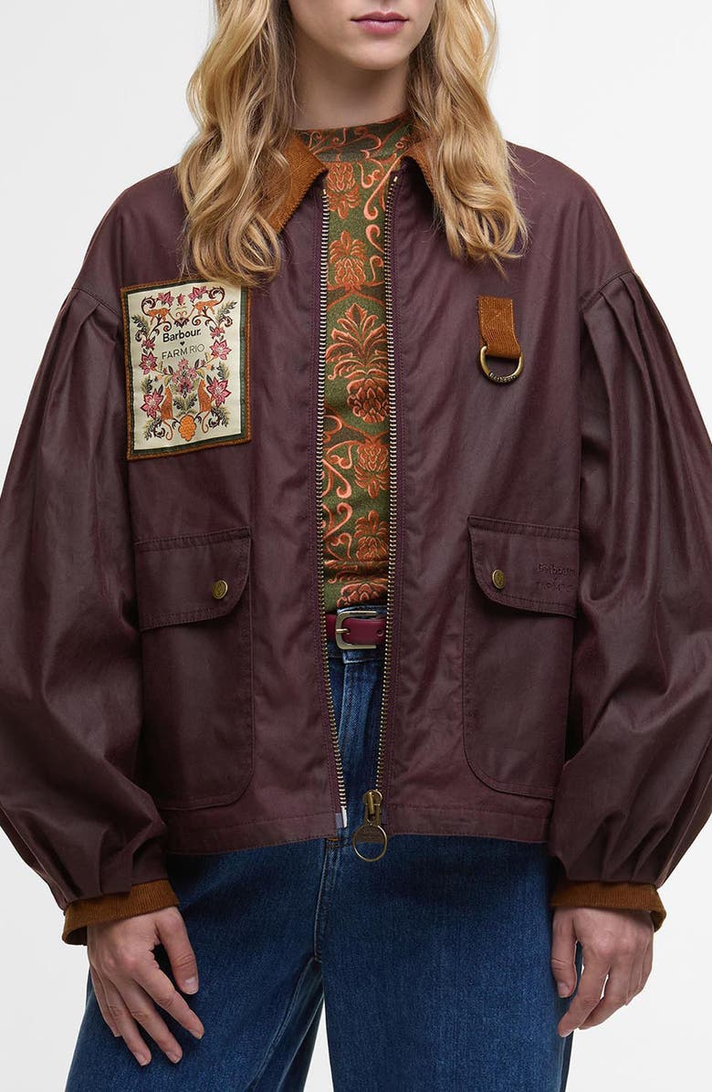 Barbour x FARM Rio Thais Waxed Cotton Jacket, Main, color, Bordeaux