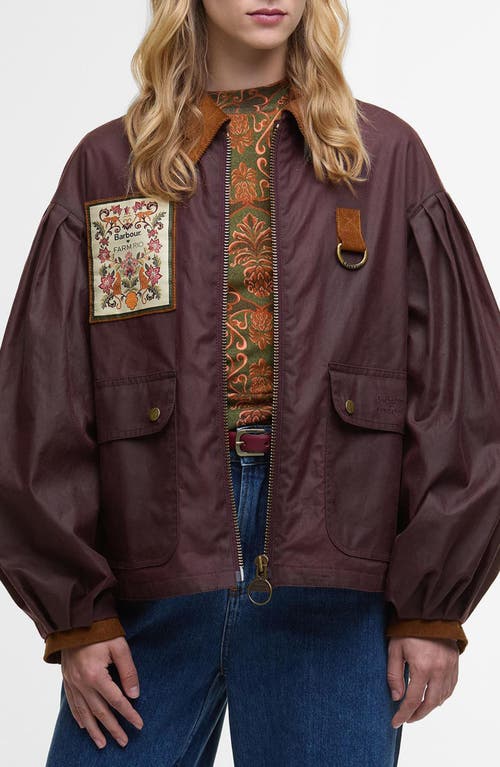 Barbour X Farm Rio Thais Waxed Cotton Jacket In Burgundy