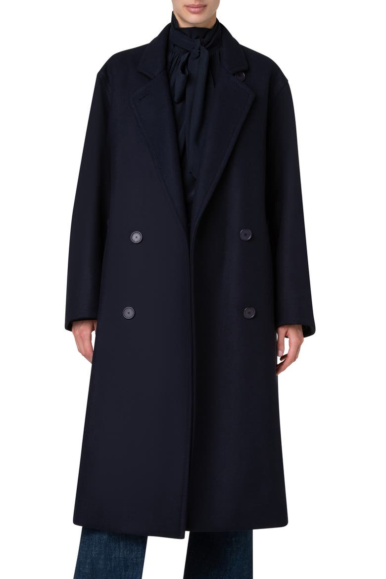 Double Breasted Wool Blend Felt Long Coat, Main, color, NAVY