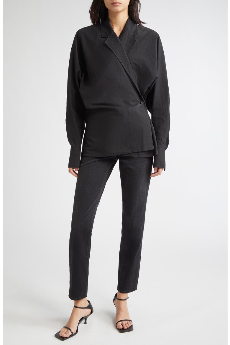 Long Sleeve Organic Cotton & Linen Wrap Top, Alternate, color, BLACK