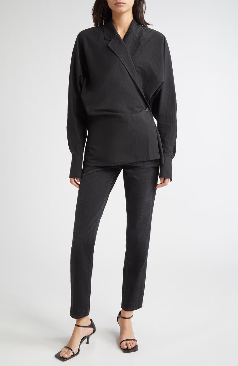 TOTEME Long Sleeve Organic Cotton & Linen Wrap Top, Alternate, color, Black