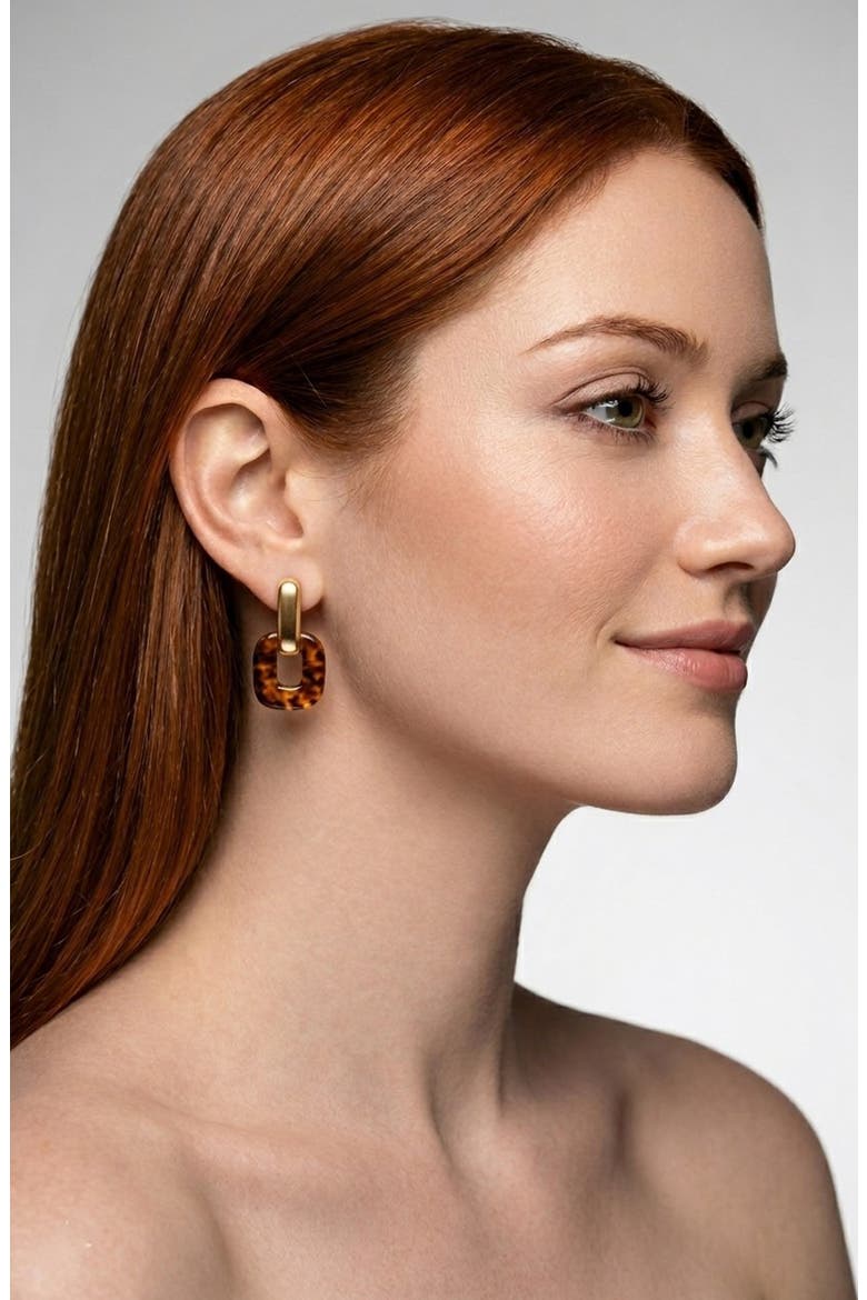Square Tortoiseshell Lucite Drop Hoop Earrings, Alternate, color, GOLD