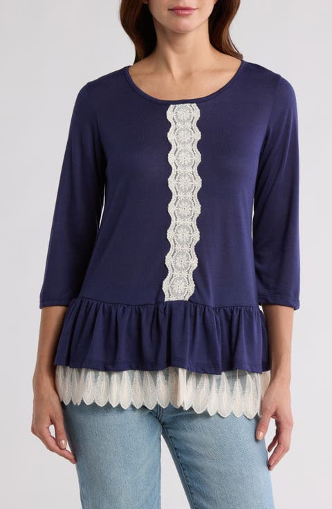 Lace Trim Long Sleeve Peplum Top