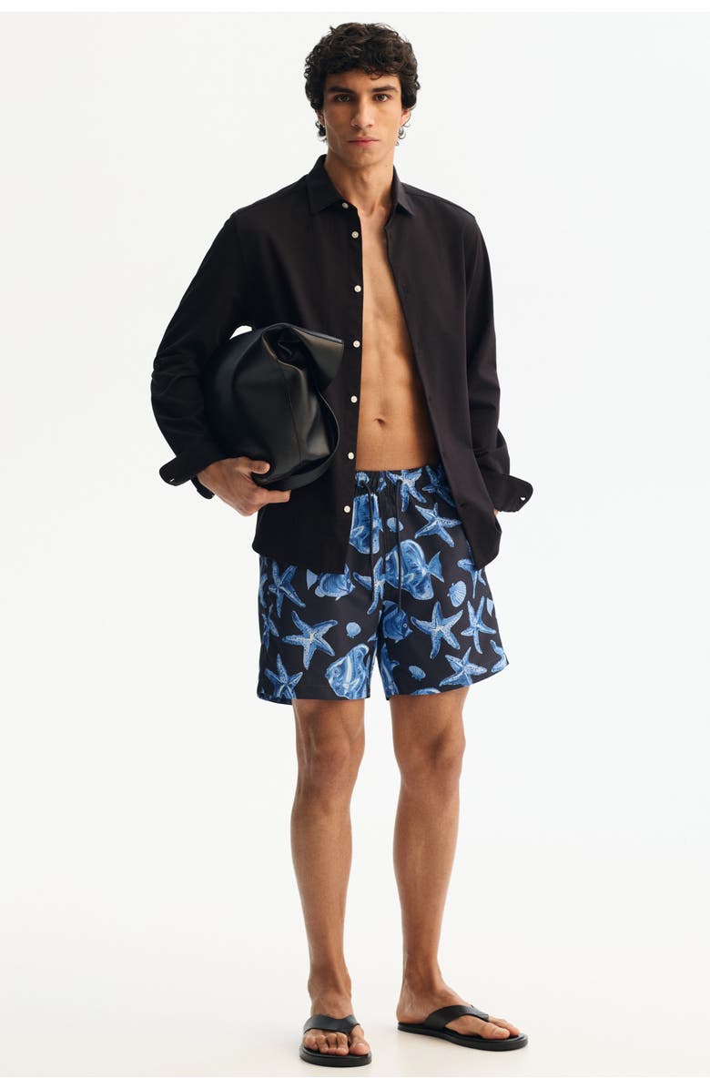 H&M Patterned Swim Shorts, Main, color, Navy Blue/Patterned