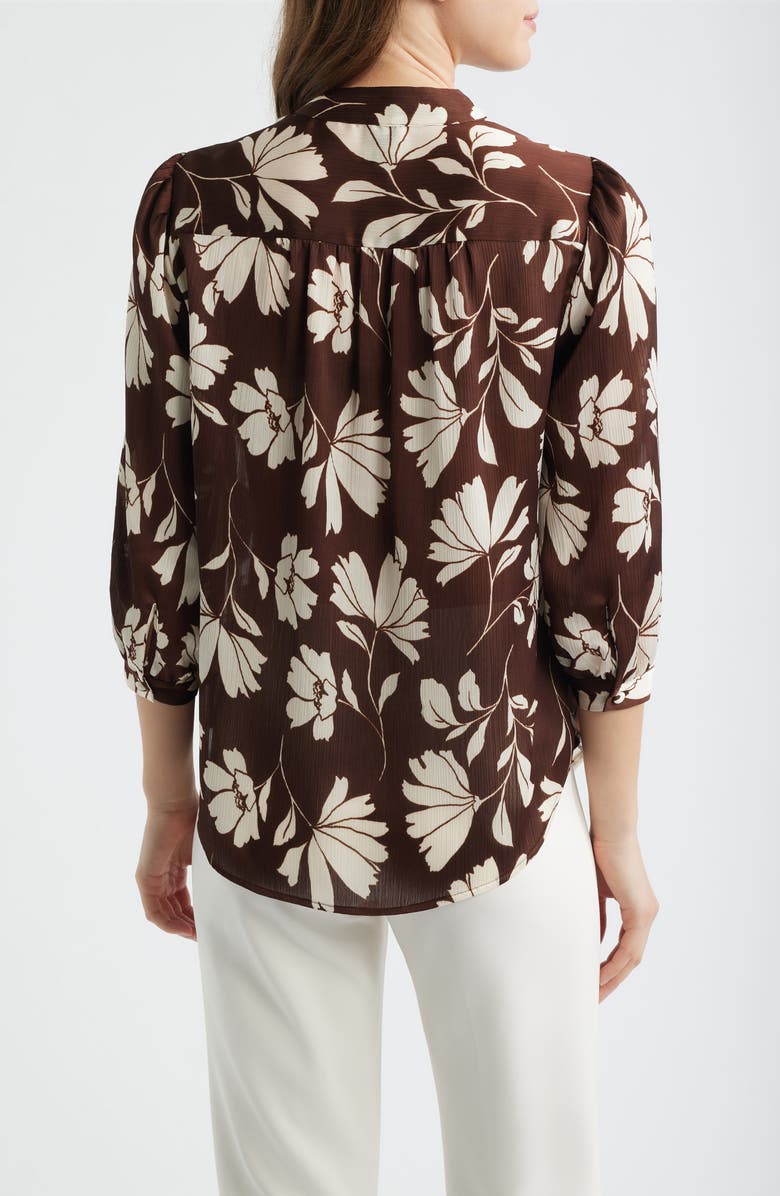 Anne Klein Floral Split Neck Top, Alternate, color, Dark Chocolate/ White
