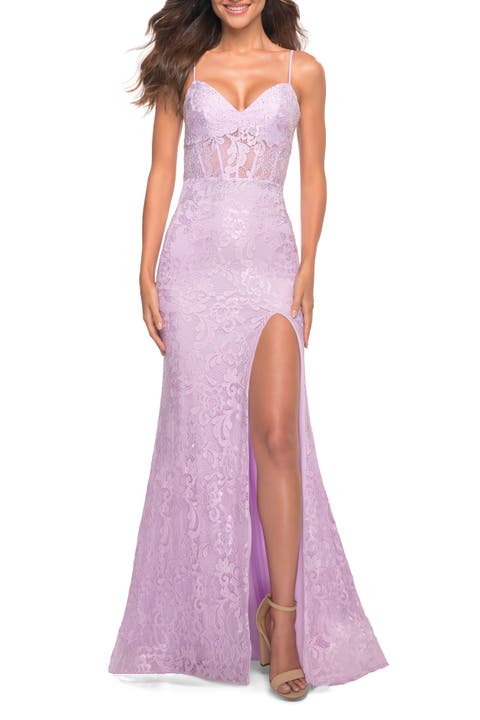 Neon Lace Prom Gown With Sheer Bodice and Tie Up Back