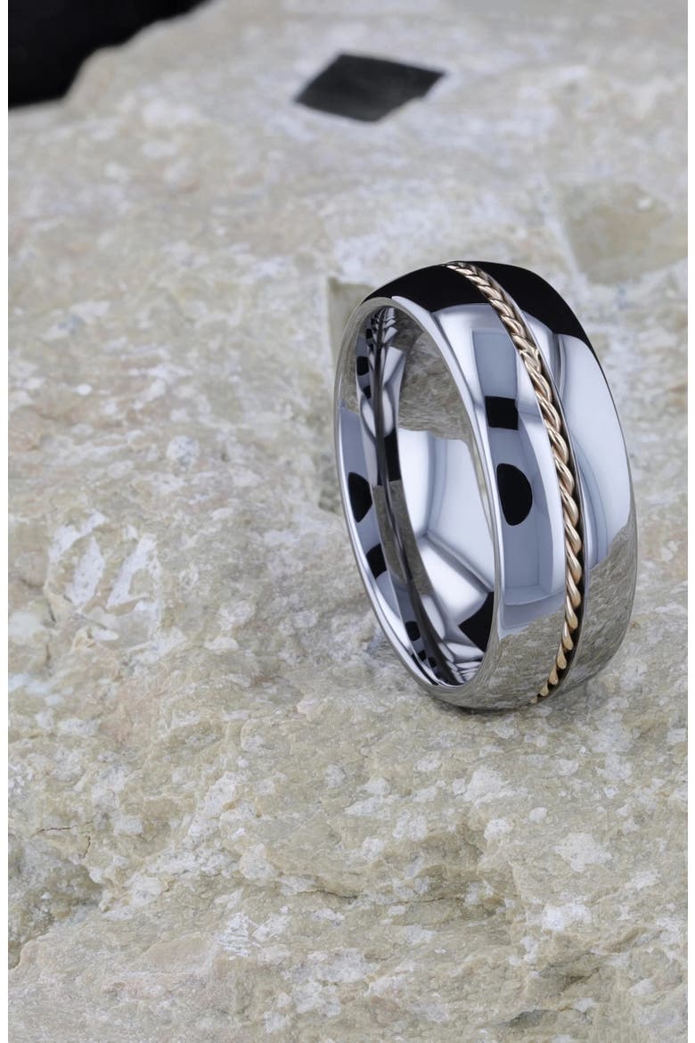 Braided 14K Gold Inlay Domed Tungsten Ring, Alternate, color, Silver / Gold Inlay 8mm