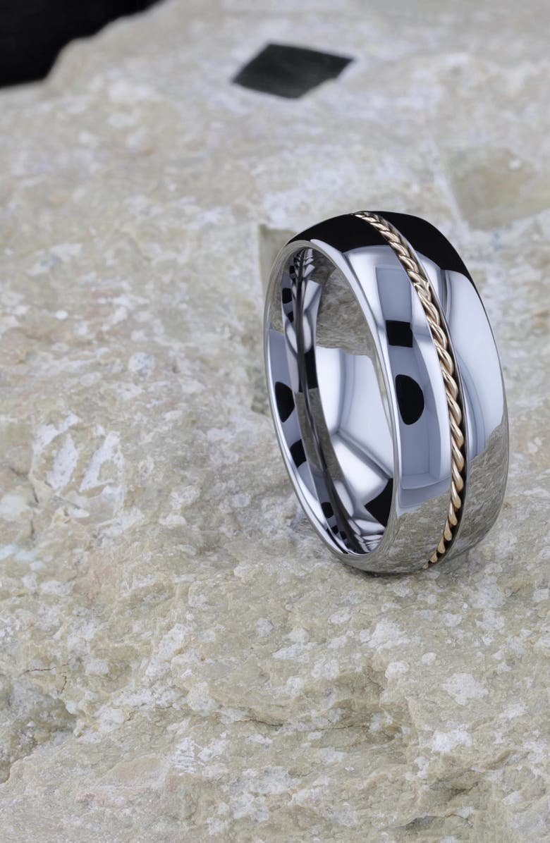 Larson Jewelers Braided 14K Gold Inlay Domed Tungsten Ring, Alternate, color, Silver / Gold Inlay 8Mm